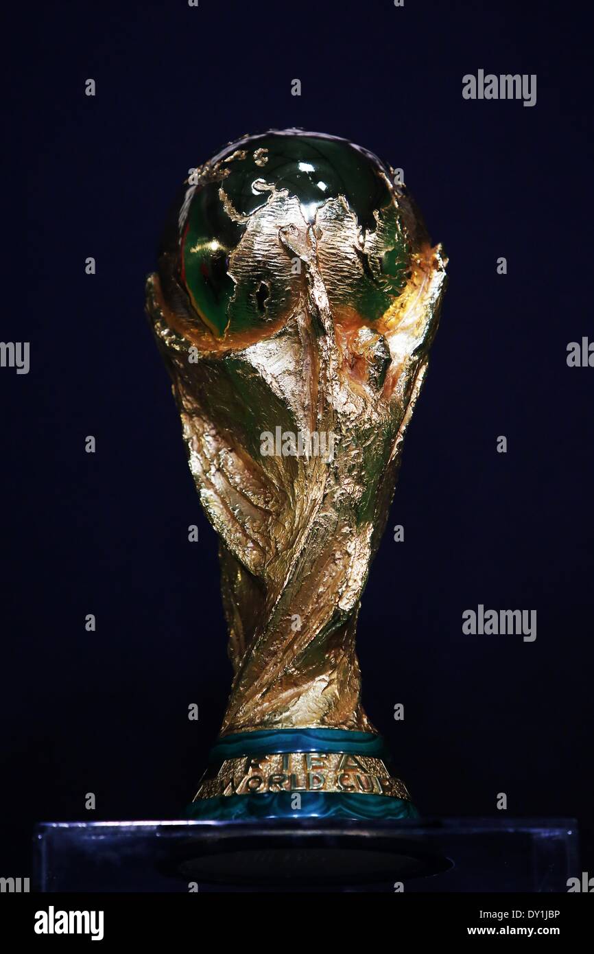 Frankfurt Main, Germany. 02nd Apr, 2014. The FIFA World Cup trophy is on display during a press date as part of the FIFA World Cup Trophy tour in Frankfurt Main, Germany, 02 April 2014. Photo: Fredrik von Erichsen/dpa/Alamy Live News Stock Photo