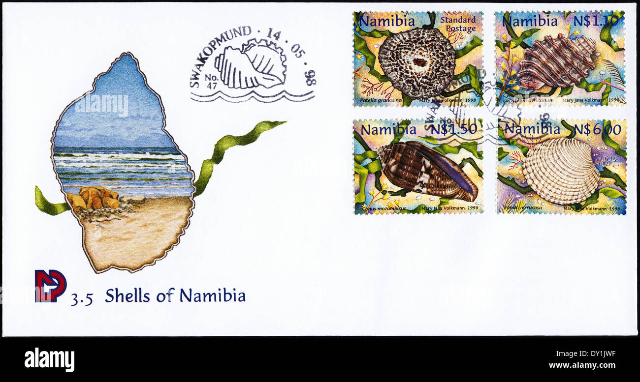 Commemorative first day cover postage stamps Shells of Namibia postmark Swakopmund 14th May 1998 Stock Photo