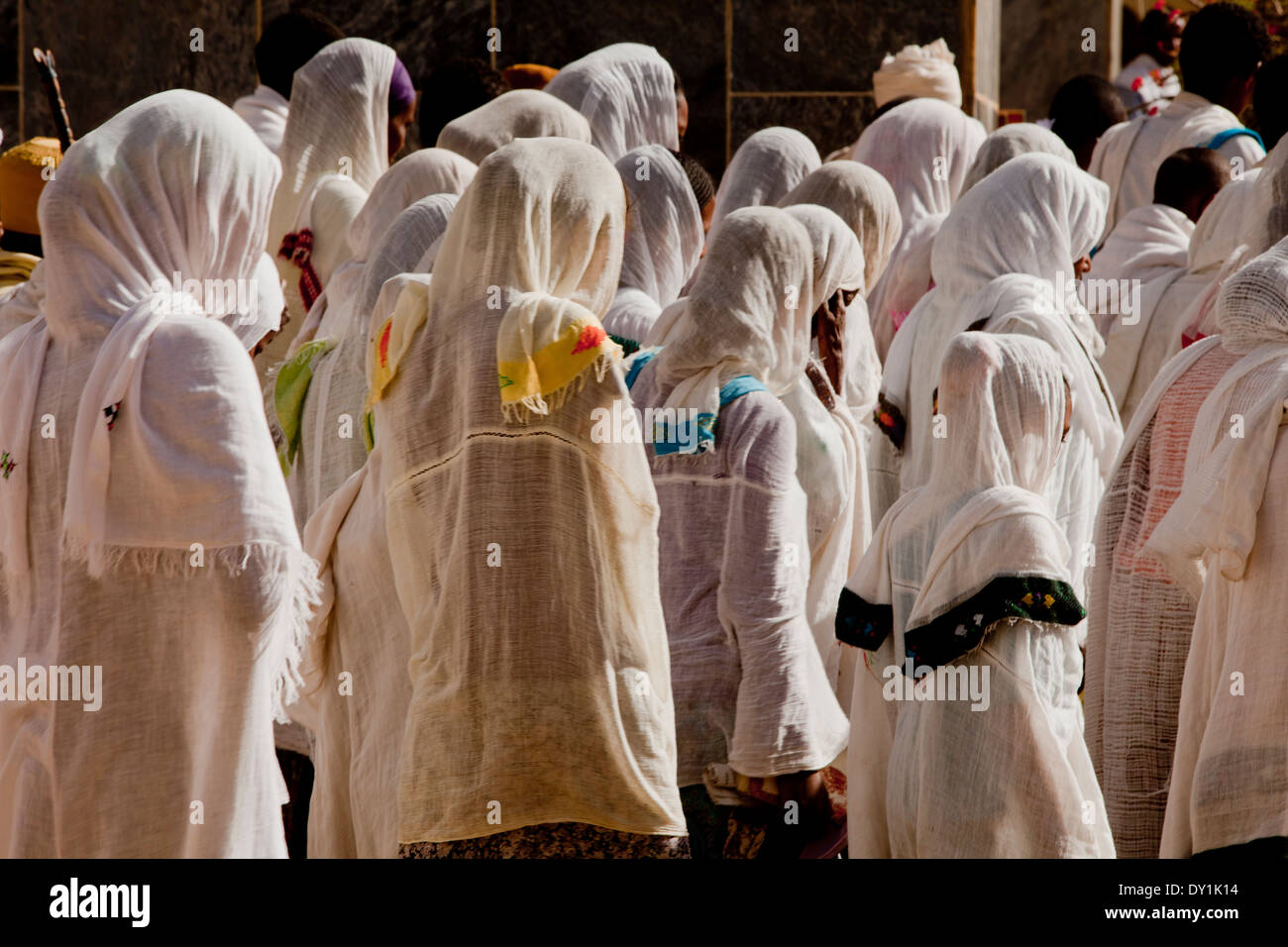 African Ethiopian congregation devotees in white Shawls Stock Photo