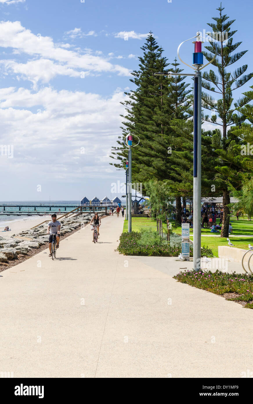 People cycling along the redeveloped foreshore of Busselton, Western Australia Stock Photo