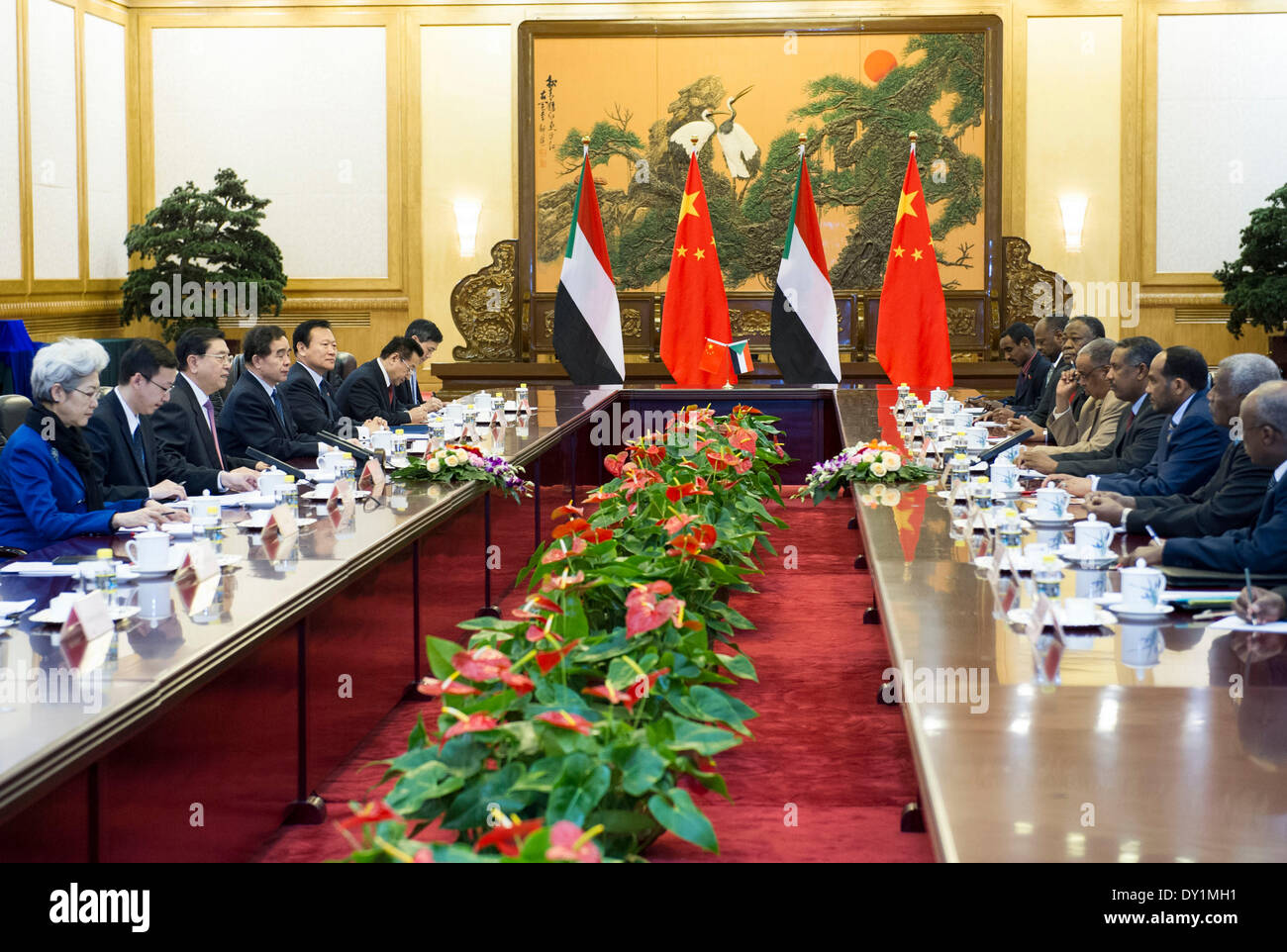 Beijing, China. 3rd Apr, 2014. Zhang Dejiang (3rd L), chairman of China's National People's Congress Standing Committee, holds talks with Fatih Ezzedine al-Mansur (4th R), speaker of the National Assembly of the Republic of the Sudan, in Beijing, capital of China, April 3, 2014. © Wang Ye/Xinhua/Alamy Live News Stock Photo