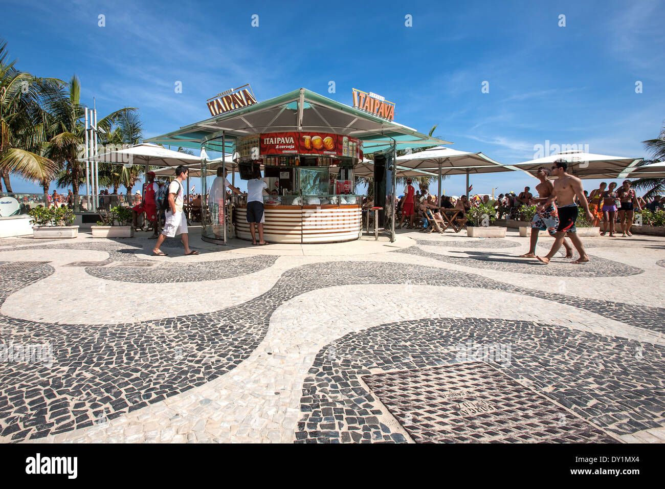 Rio de Janeiro, Copacabana, Avenida Atlantica, mosaic of Roberto Burle Marx, beach bar, people, Brasil Stock Photo