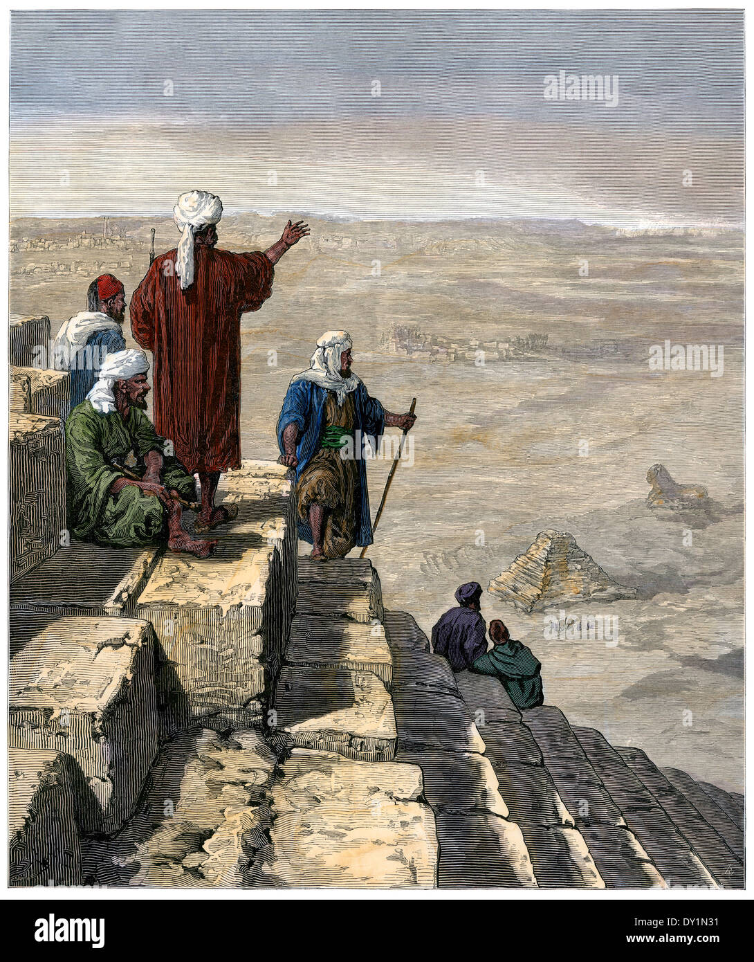 Egyptian lookouts on the pyramids of Gizeh, 1880s. Hand-colored woodcut Stock Photo