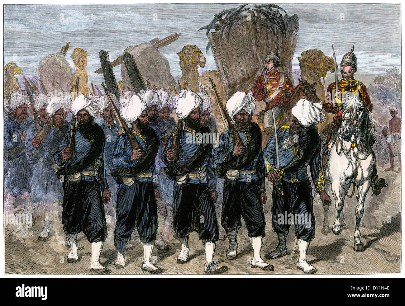 Punjab regiment joining British forces in the Afghan War, 1878. Hand-colored woodcut Stock Photo