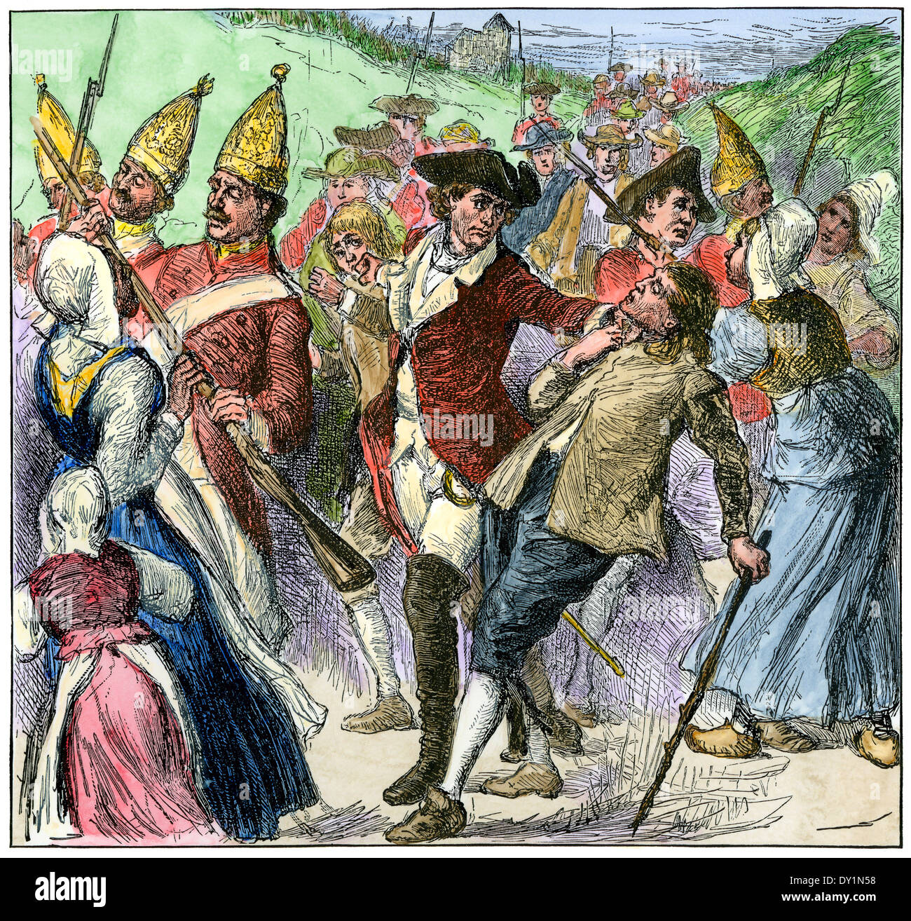 British deporting the young French Canadian men from Acadia (now Nova Scotia), 1750s. Hand-colored woodcut Stock Photo