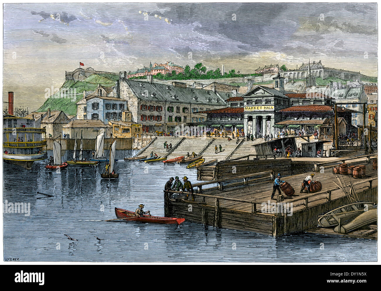 Markethall and boat landing in Quebec City, Canada, 1870s Stock Photo