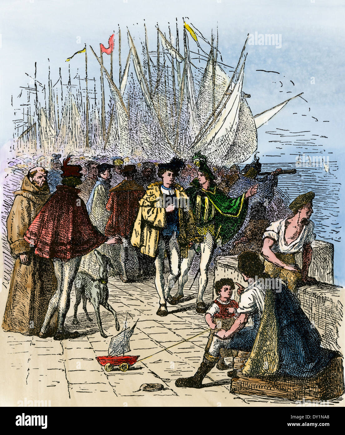 Busy Lisbon waterfront during the Age of Discovery, circa 1470. Hand-colored woodcut Stock Photo