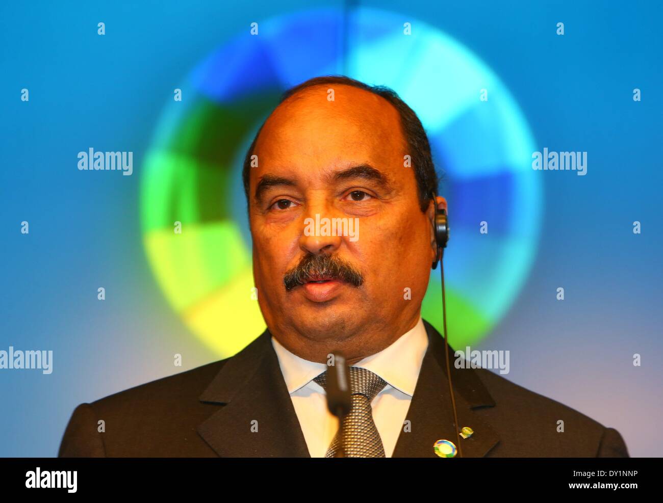 Brussels, Belgium. 3rd Apr, 2014. African Union Chair President Mohamed Ould Abdel Aziz attends a press conference in EU headquarters, Brussels, Belgium, on April 3, 2014. The two-day-long 4th EU-Africa summit concluded here on Wednesday. Credit:  Gong Bing/Xinhua/Alamy Live News Stock Photo
