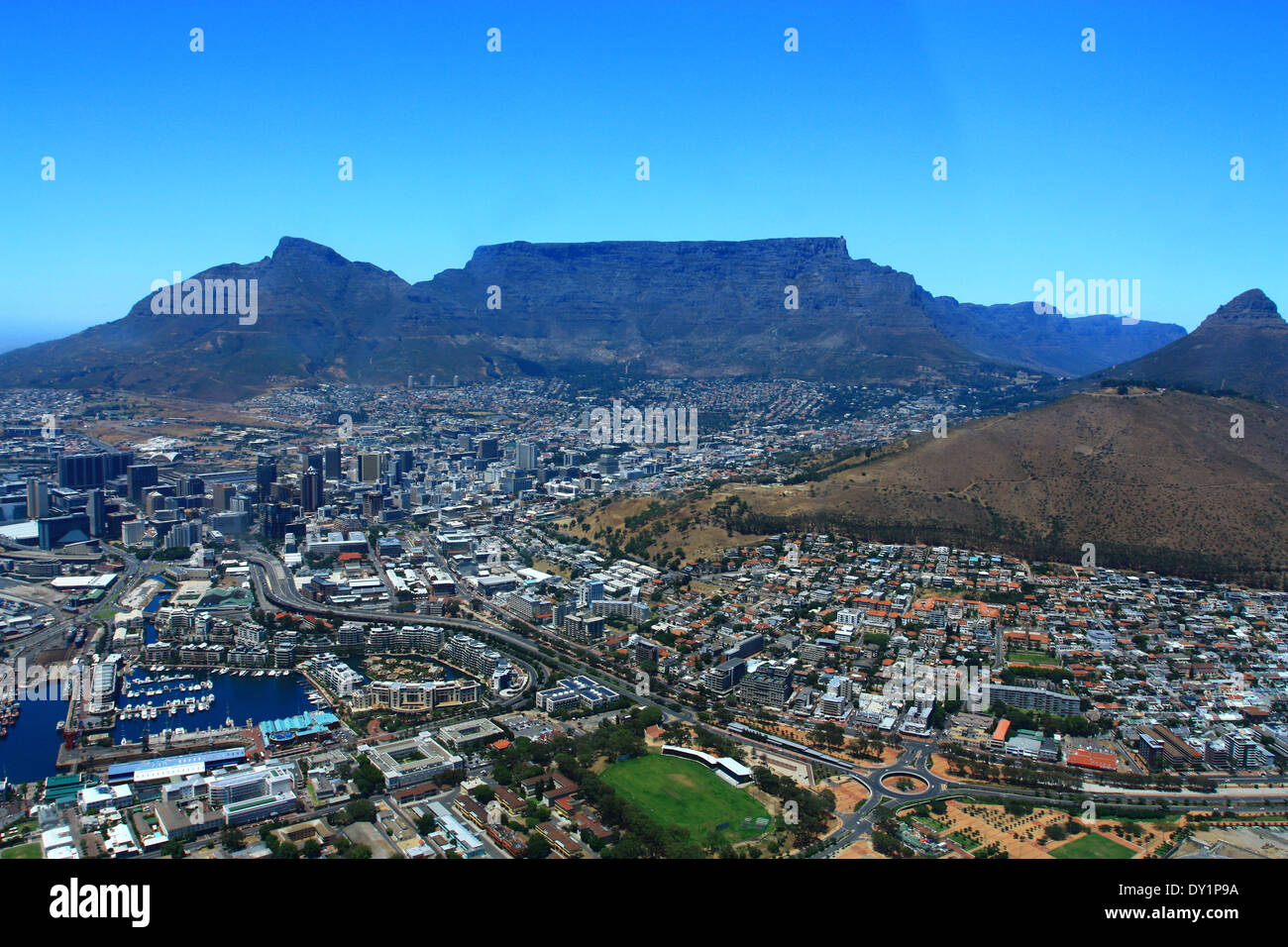 View of Cape Town cityscape including Table Mountain and Signal Hill Stock Photo