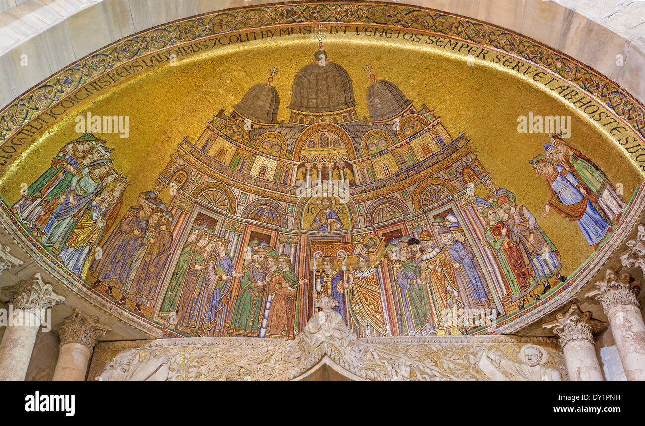 VENICE, ITALY - MARCH 11, 2014: Exterior mosaic from st. Mark cathedral - Basilica di San Marco over the side portal. Stock Photo