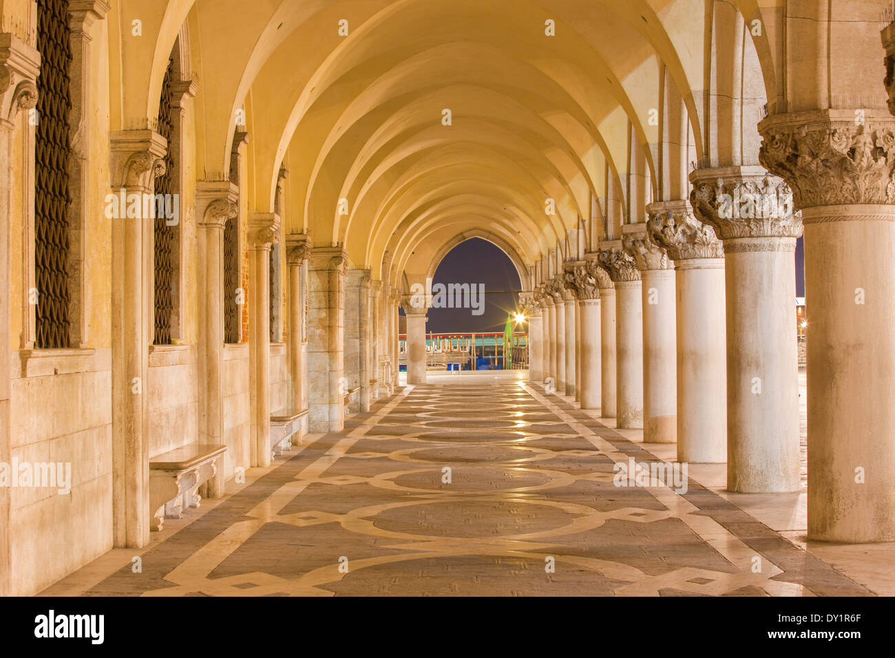 Venice - Exterior corridor of Doge palace in dusk. Stock Photo