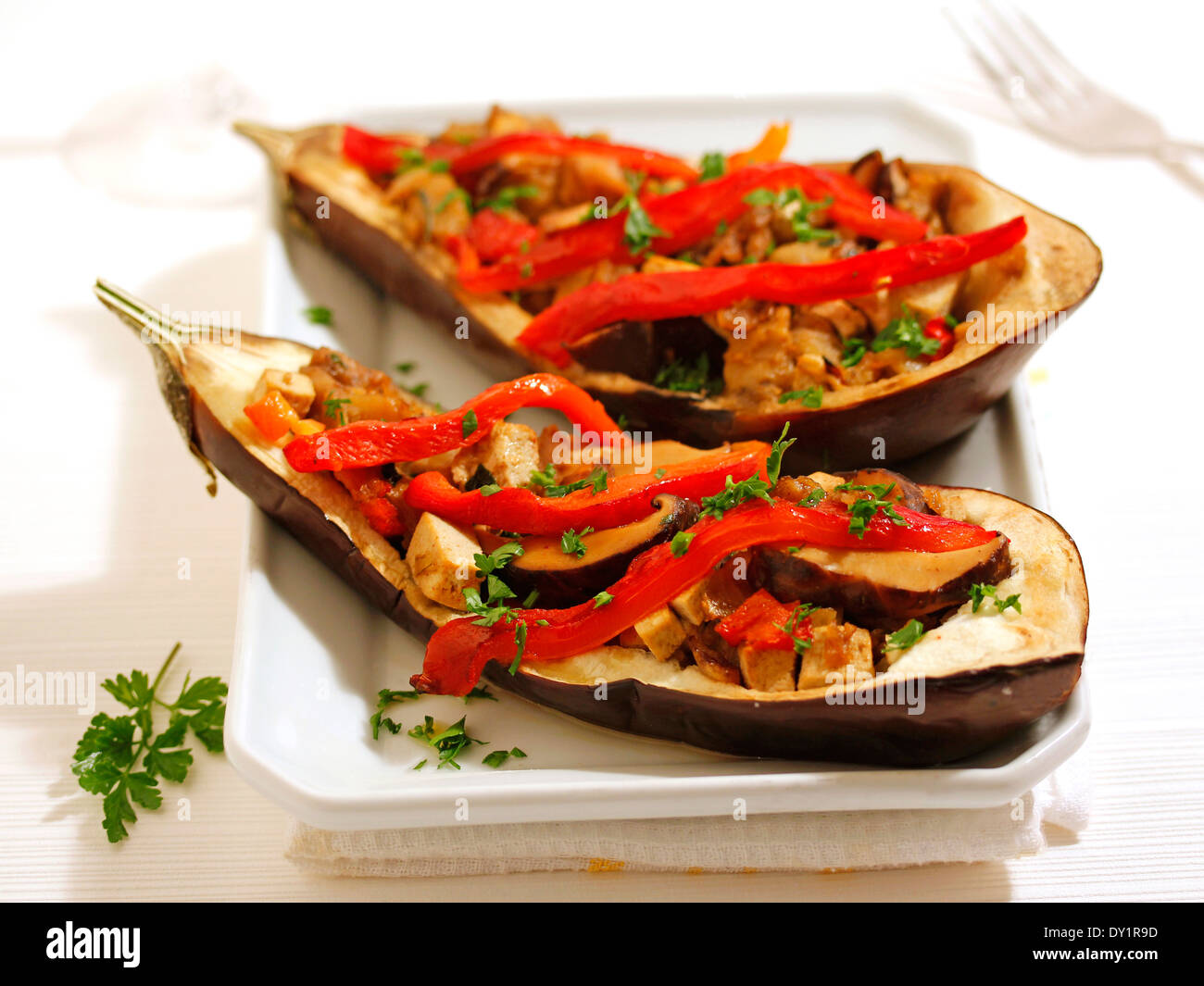 Stuffed aubergines with tofu and mushrooms. Recipe available Stock