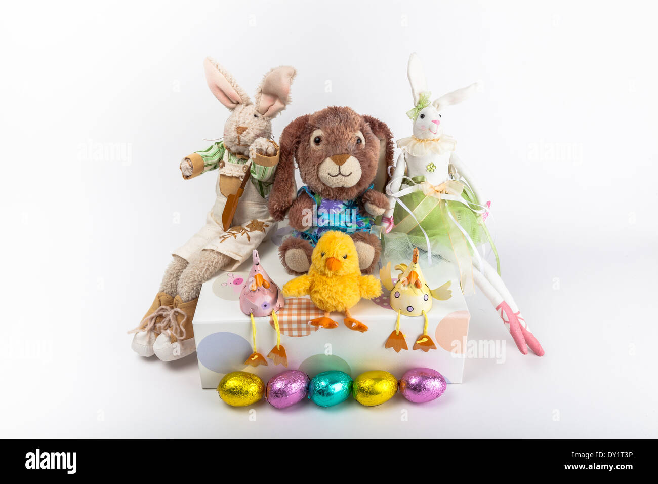 An easter scene with easter bunny and chicks and easter egg Stock Photo