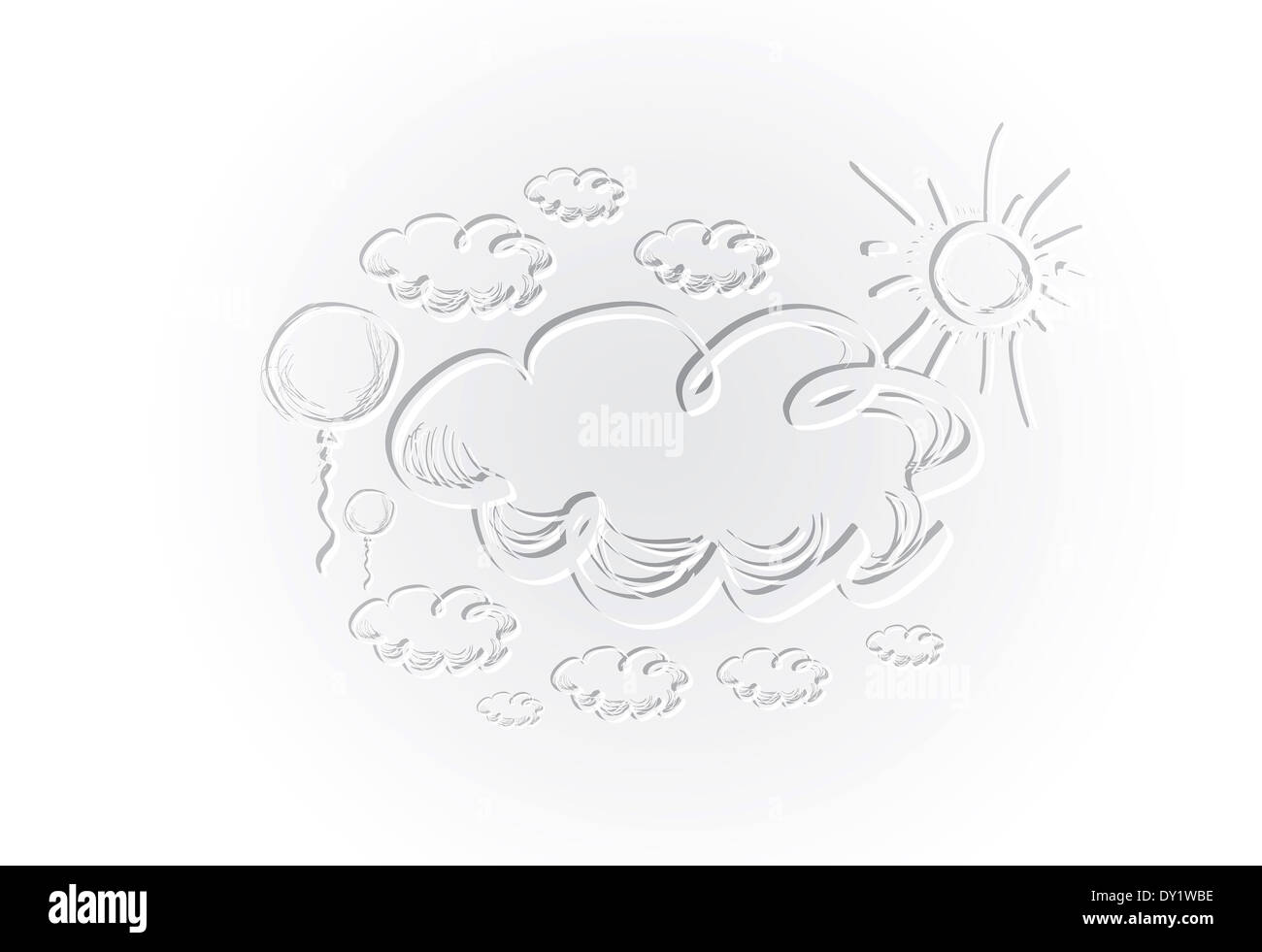 Hand drawing sky with clouds and sun. Stock Photo