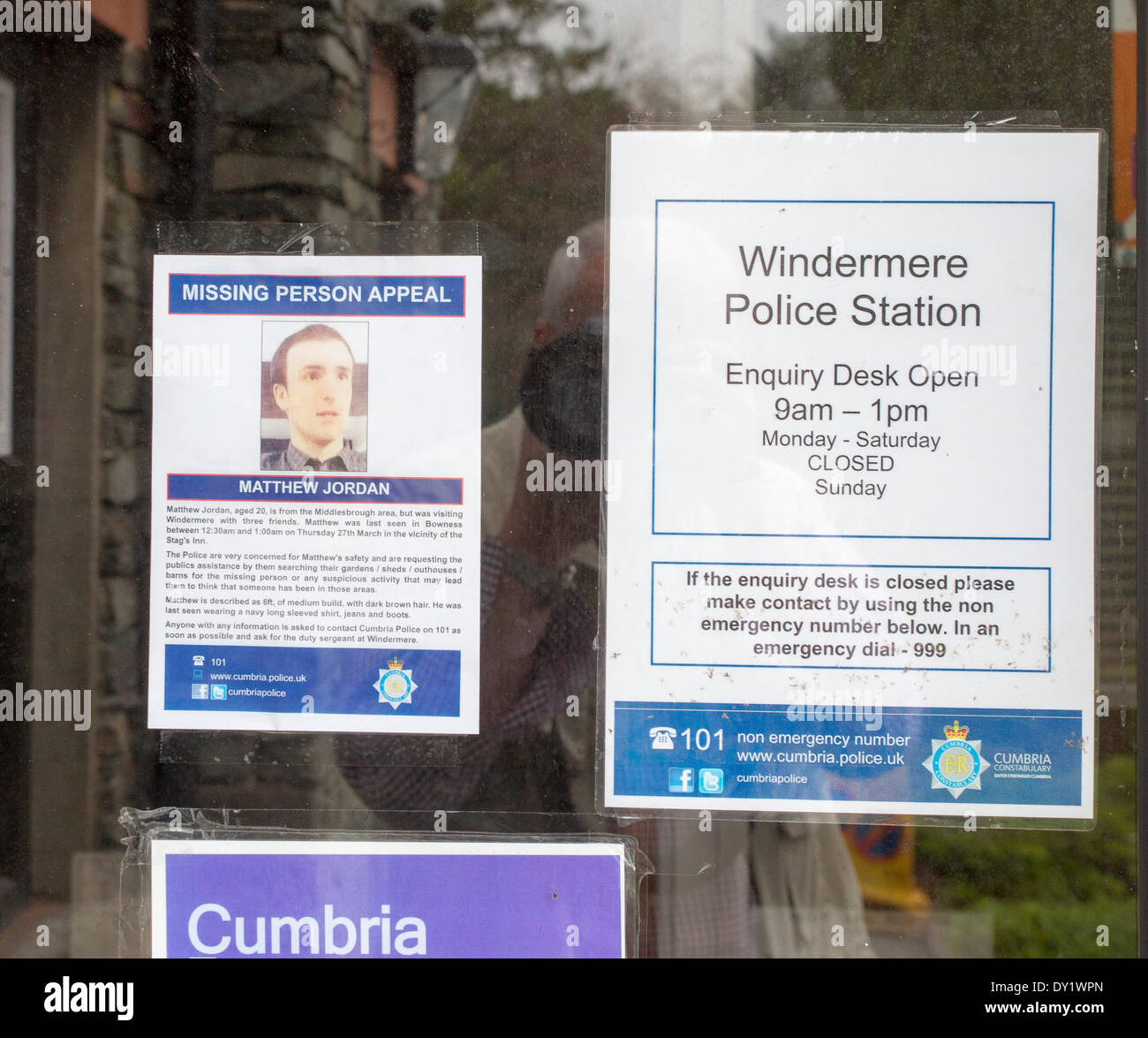 Windermere Cumbria UK 3 April 2014 -Missing Person Appeal posters at Windermere police station . For Matthew Jordan who went missing last Thursday night in Bowness on Windermere .Police are still asking for any sightings of Matthew to phone 101 and ask for Windermere Police Station  @Gordon Shoosmith/Alamy Live News Stock Photo