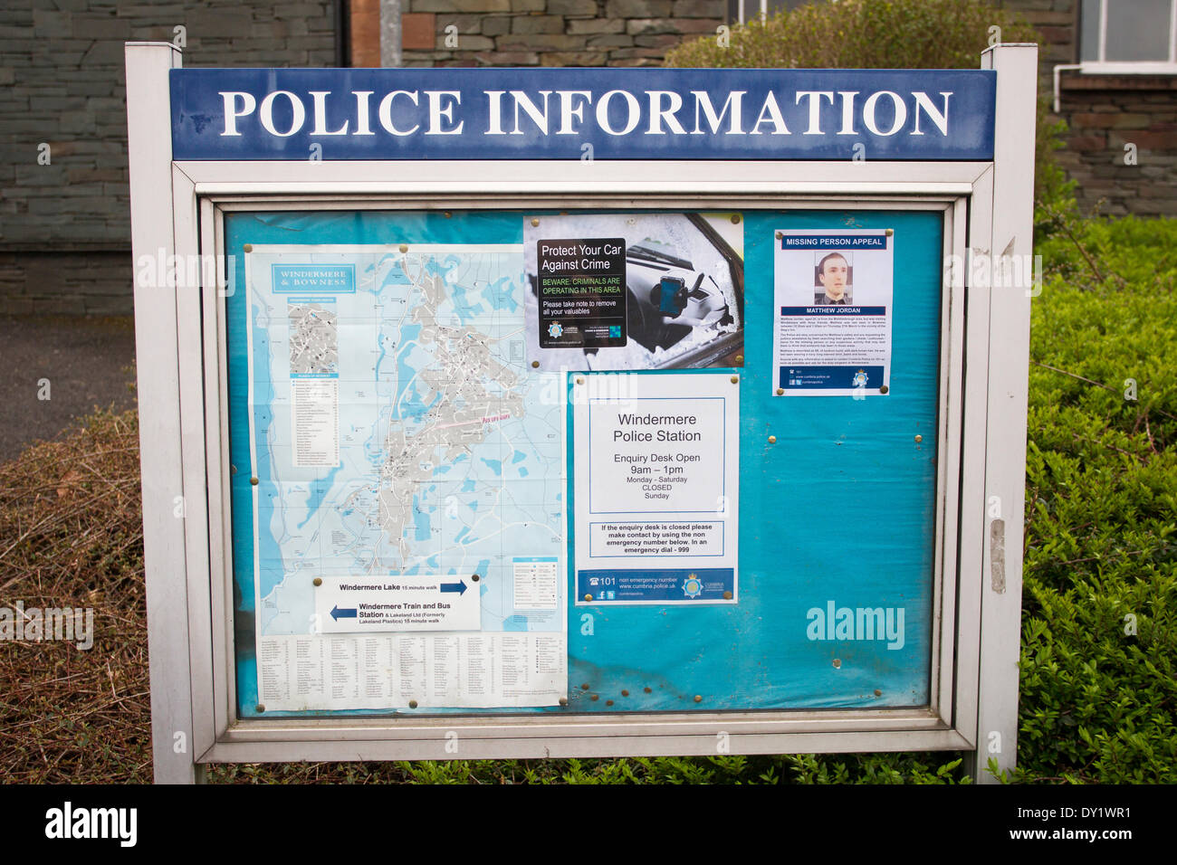 Windermere Cumbria UK 3 April 2014 -Missing Person Appeal posters at Windermere police station . For Matthew Jordan who went missing last Thursday night in Bowness on Windermere .Police are still asking for any sightings of Matthew to phone 101 and ask for Windermere Police Station  @Gordon Shoosmith/Alamy Live News Stock Photo