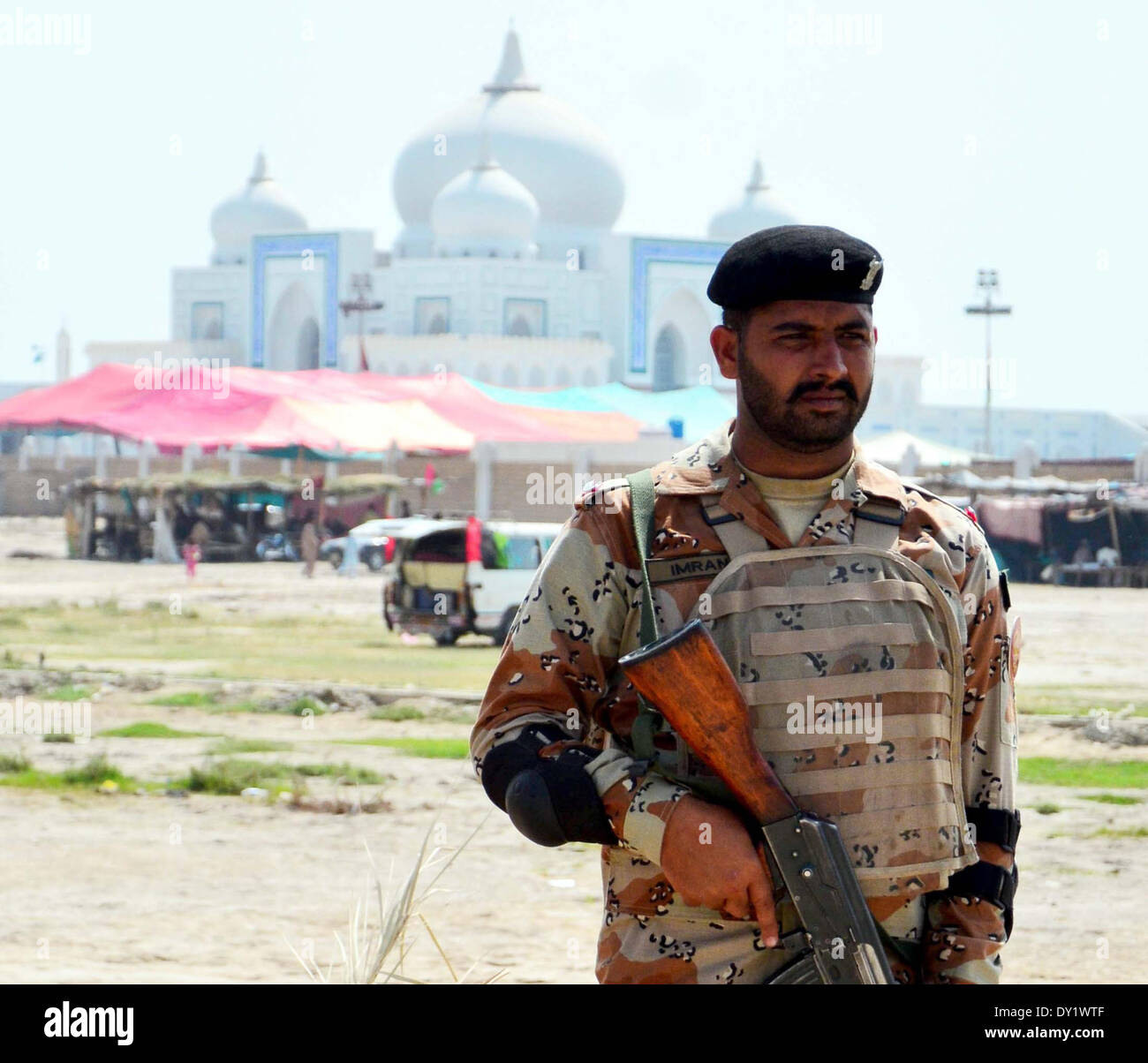 Security officials has been deputed around mausoleum of Zulfiqar Ali Bhutto on the occasion of his 35th death anniversary celebrations, in Garhi Khuda Bux on Thursday, April 03, 2014. Credit:  Asianet-Pakistan/Alamy Live News Stock Photo