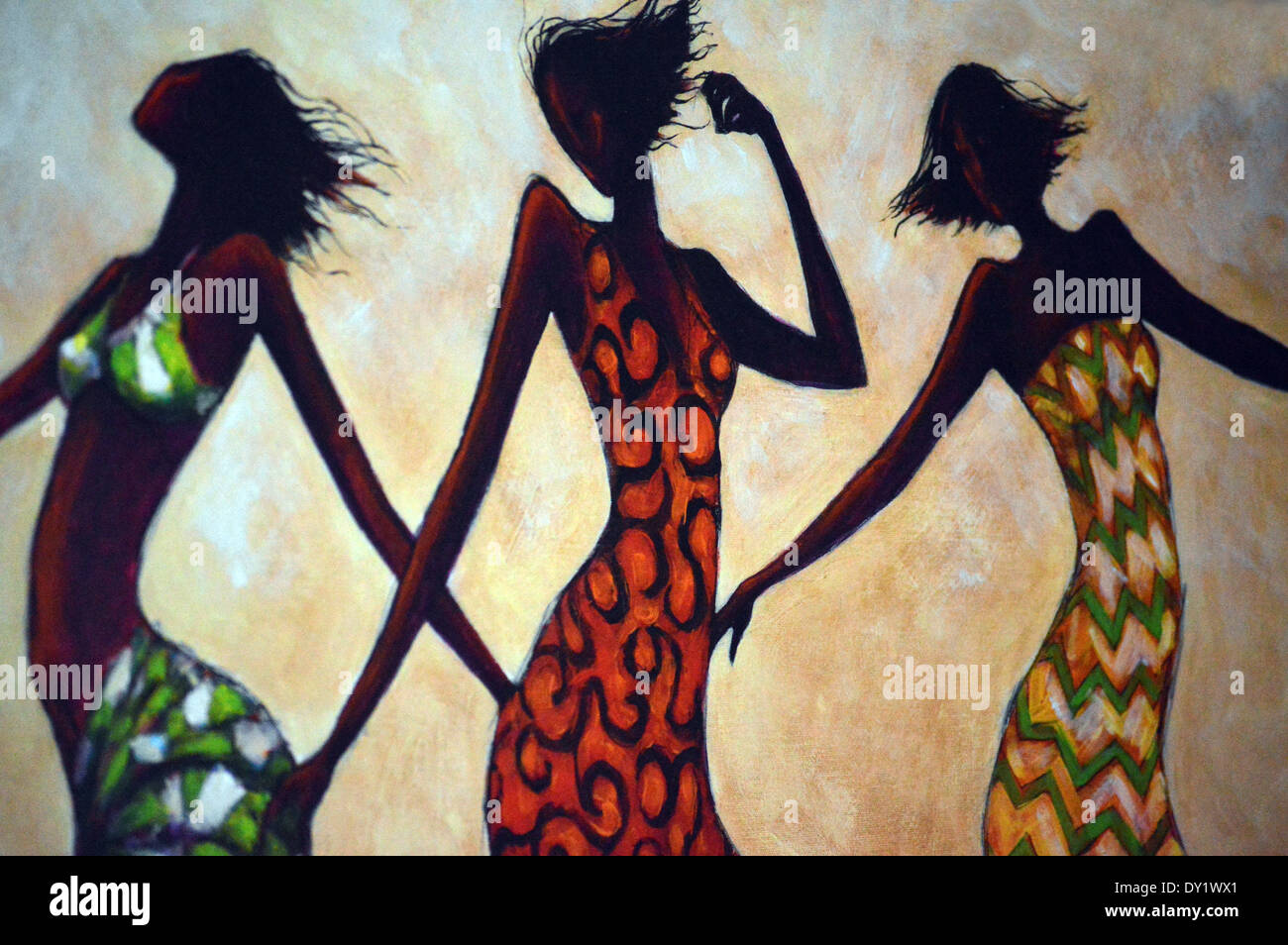 African Art, Painting of Three African Women Dancers on Display in the Hotel Corridor at Riu Touareg Cape Verde Islands Stock Photo