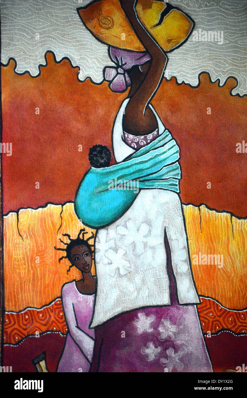 African Art,  Colourful Painting of  African Woman With Children on Display in the Hotel Corridor at Riu Touareg  Boa Vista Stock Photo