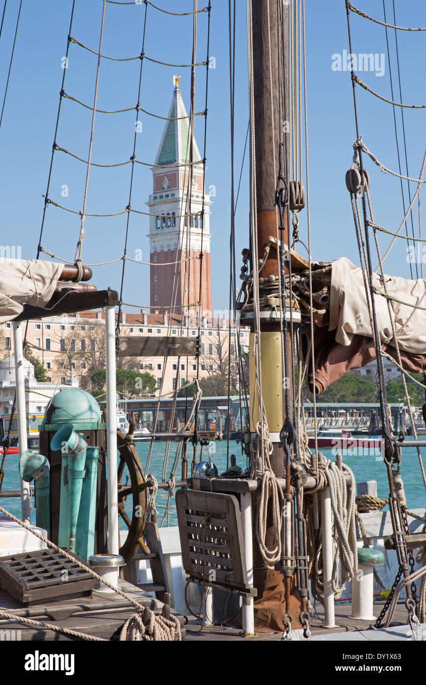 Venice - sailboat and bell tower Stock Photo