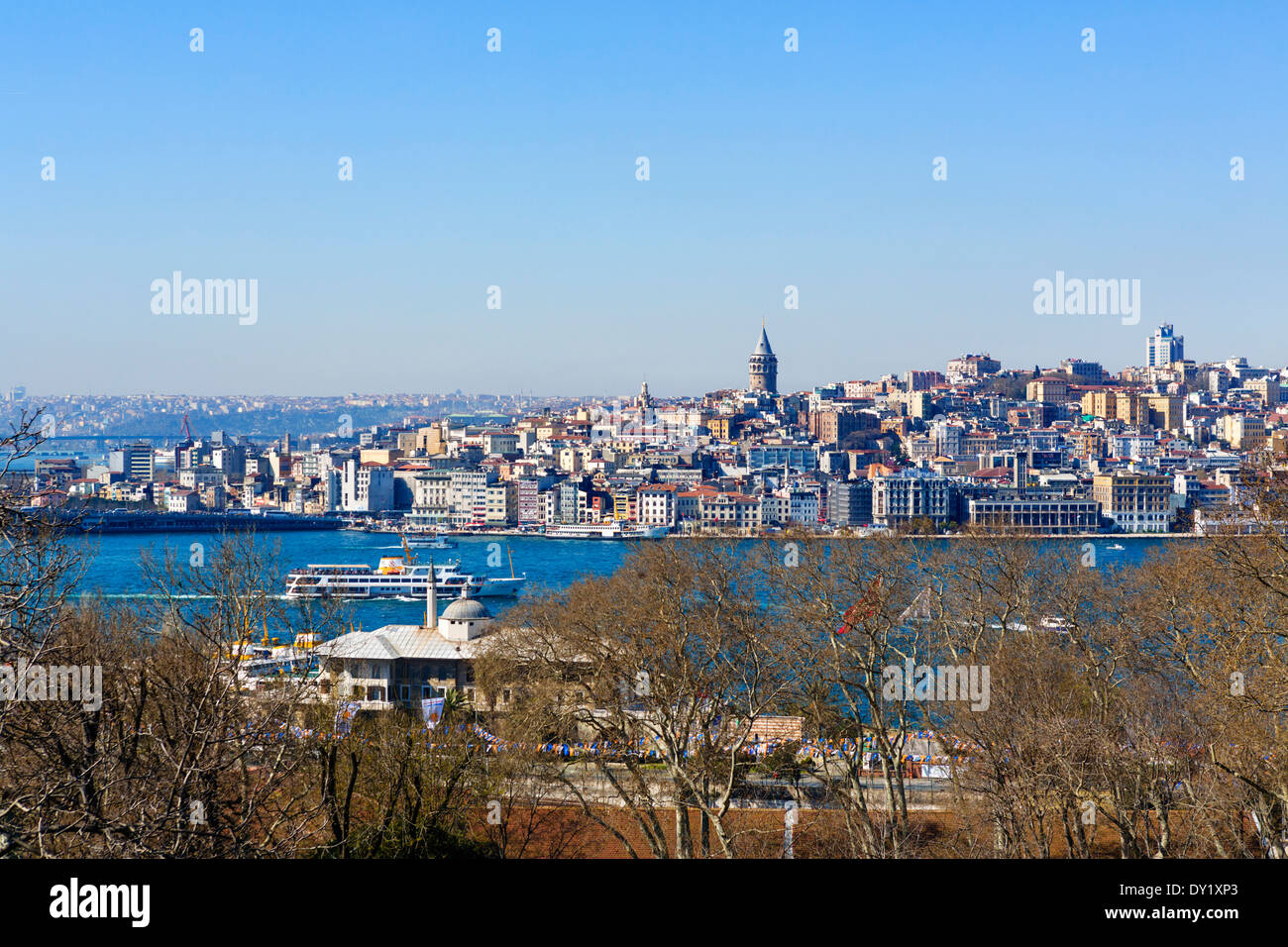 View from Mecidiye Kosku terrace in Fourth Court of Topkapi Palace looking over the Golden Horn to Galata, Istanbul,Turkey Stock Photo