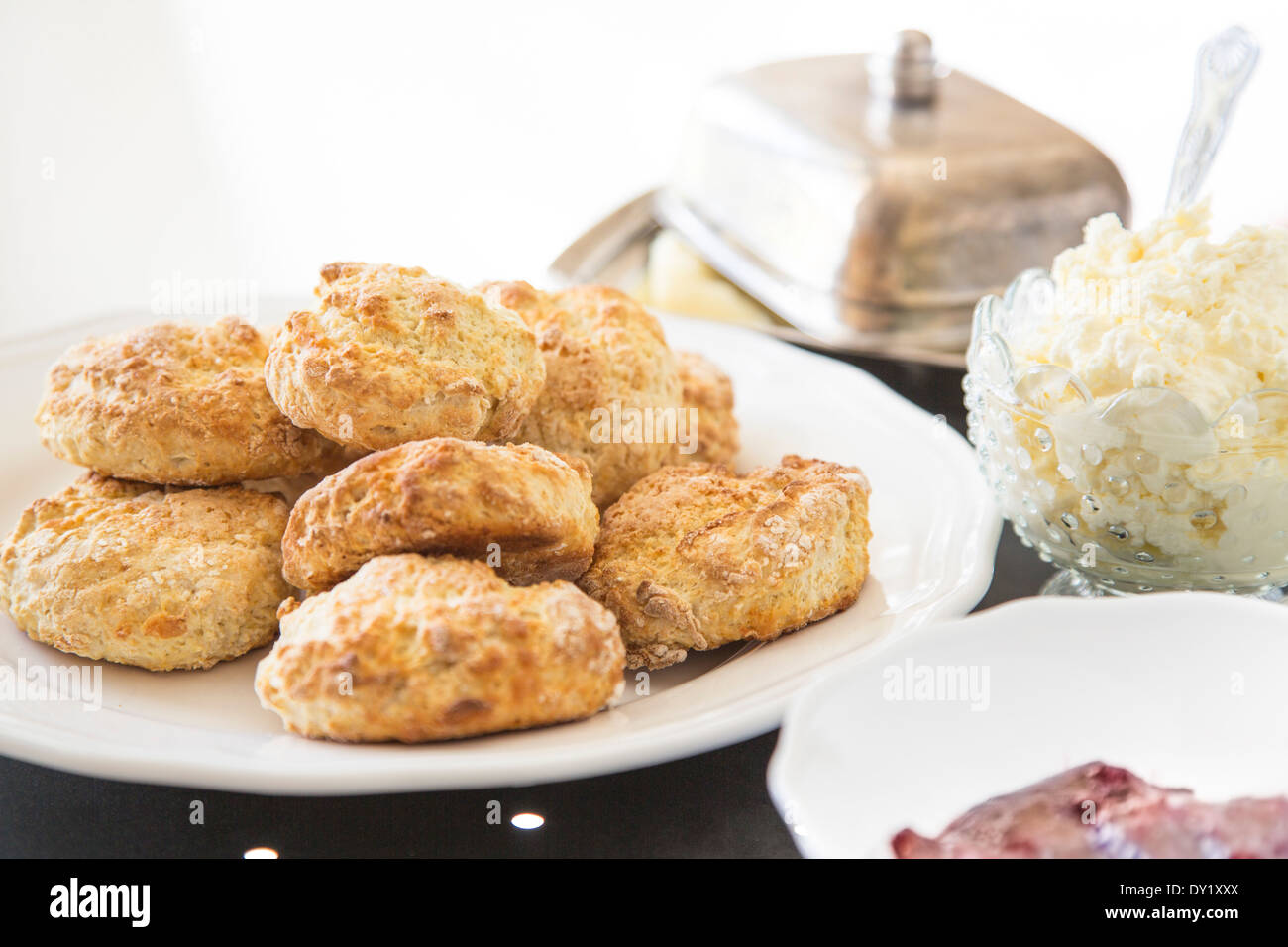 Plate of afternoon homemade scones, served on white plate, with cream and jam, on black metal table. Stock Photo