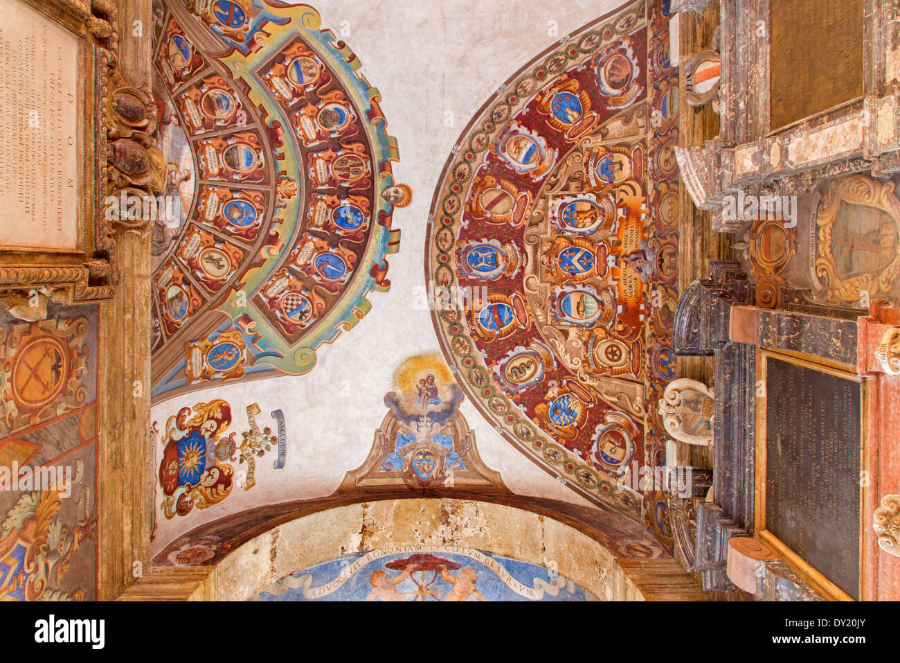 BOLOGNA, ITALY - MARCH 15, 2014: Ceiling and walls of entry to external atrium of Archiginnasio. Stock Photo