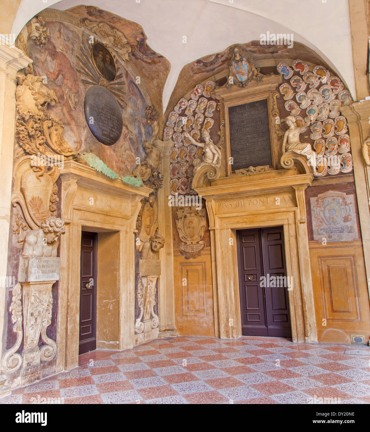 BOLOGNA, ITALY - MARCH 15, 2014: Portals from External atrium of Archiginnasio Stock Photo