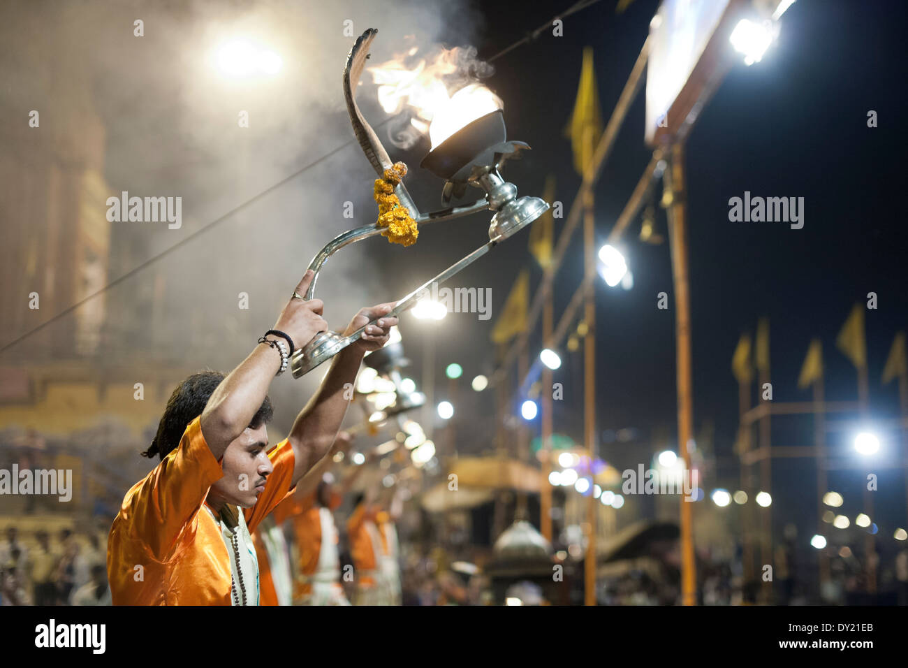 Varanasi, India. Ganga Aarti at night Stock Photo