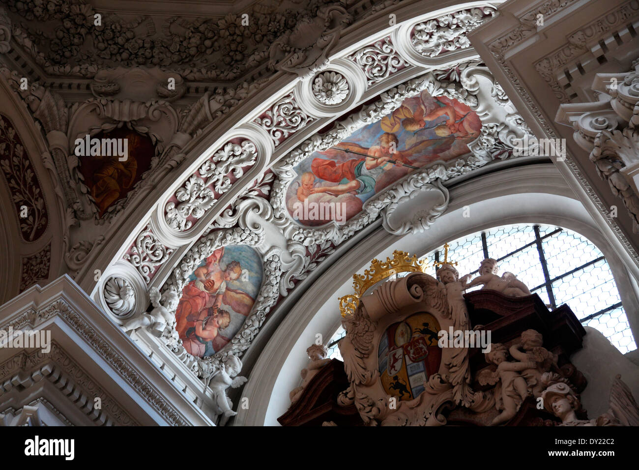 Ceiling Italian baroque stucco and frescos in St Stevens Cathedral Passau Stock Photo