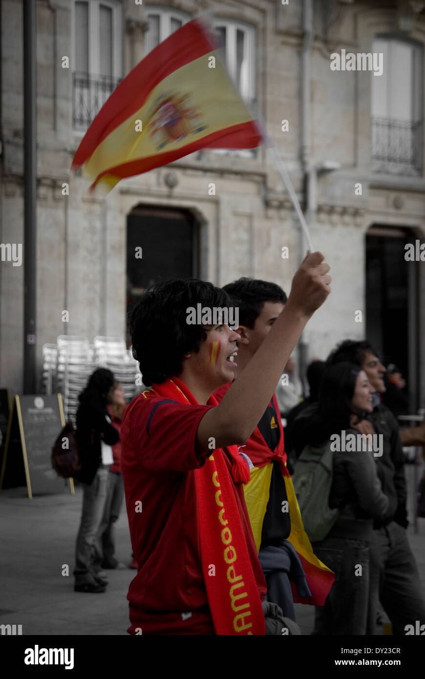 A young fan waving the Spanish flag after a goal at European Football Finals Spain vs. Italy 4 : 0 Stock Photo