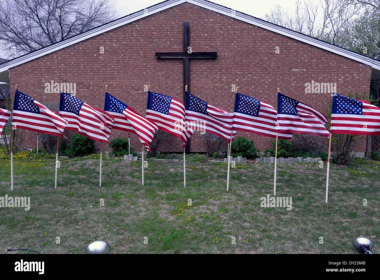 U.S. flags in front of Central Christian Church in Killeen Texas after