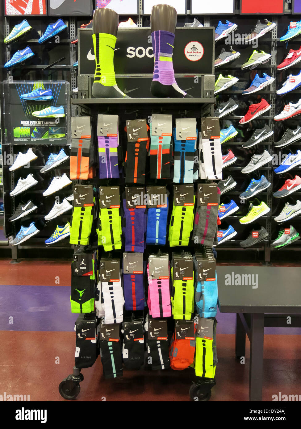 Athletic Sock display and Shoe Wall, Foot Locker, International Plaza, Tampa, FL, USA Stock Photo