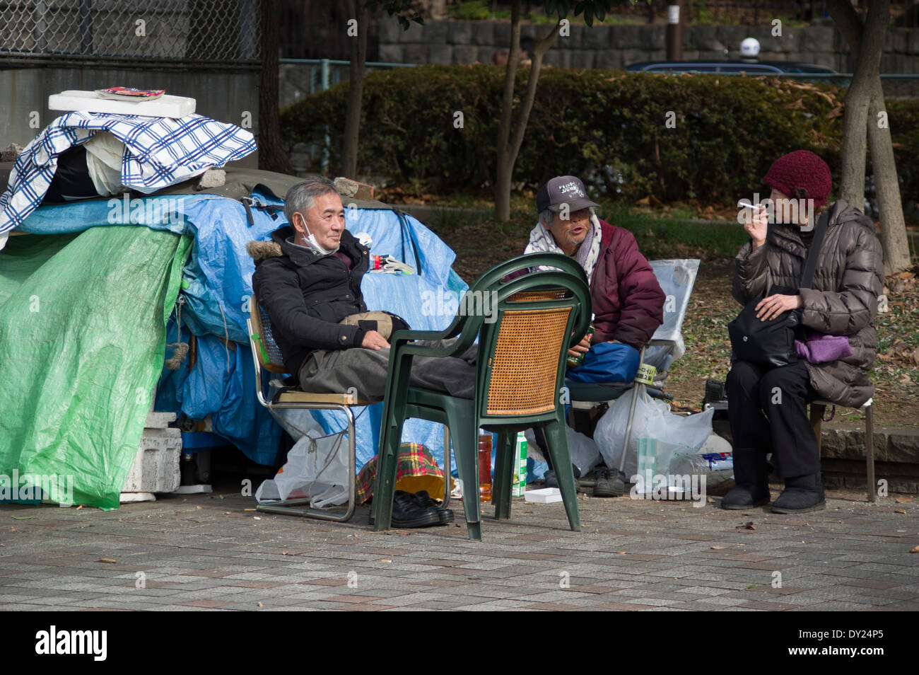 Homeless Japanese living on the street near Ueno Zoo, Tokyo, Japan Stock Photo