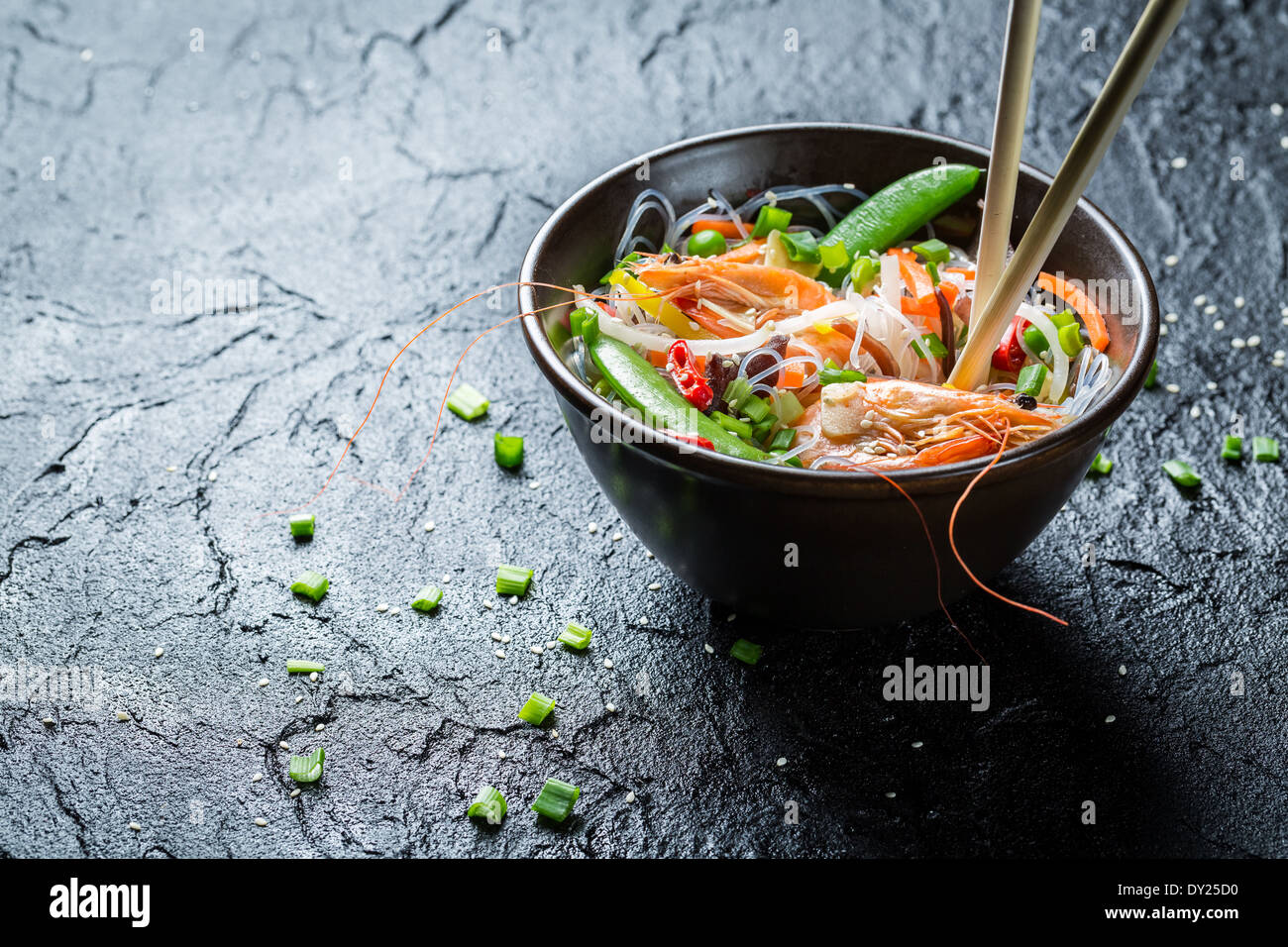 Rice noodles with vegetables and prawns Stock Photo Alamy