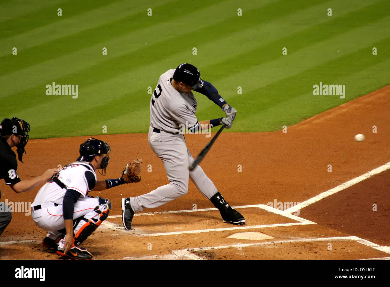 Houston, Texas, USA. 3rd Apr, 2014. APR 03 2014: New York Yankees shortstop Derek Jeter #2 swings at a pitch during the MLB baseball game between the Houston Astros and the New York Yankees from Minute Maid Park in Houston, TX. Credit:  csm/Alamy Live News Stock Photo