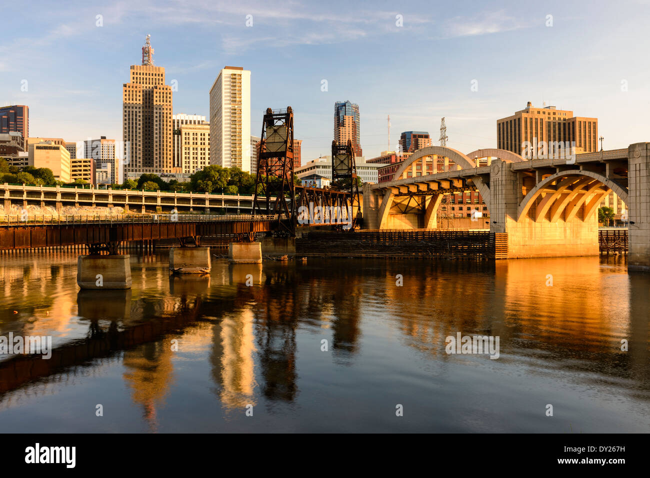 St. Paul skyline with Roberts Street bridge and railroad trestle in foreground. Stock Photo