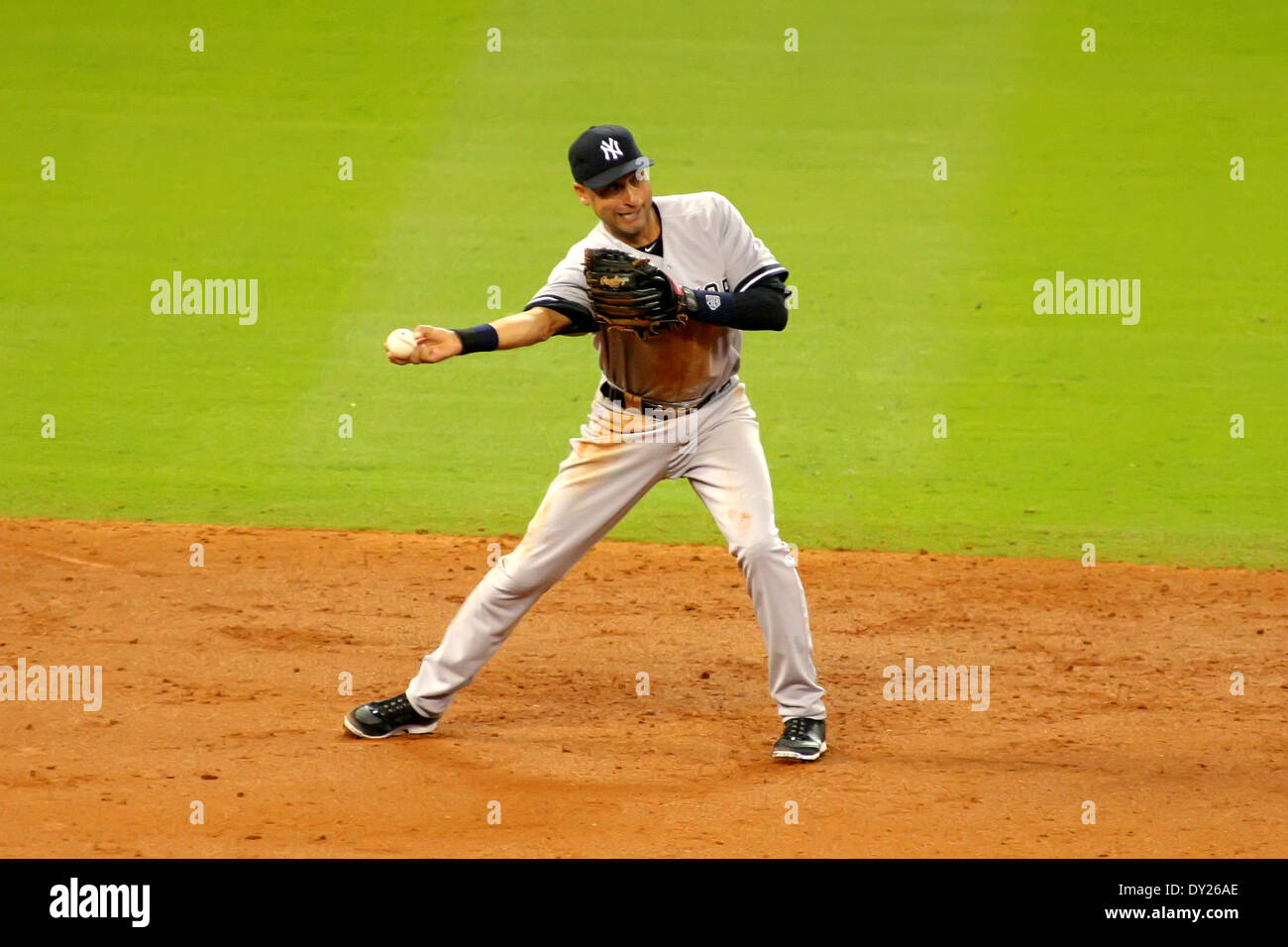 Houston, Texas, USA. 3rd Apr, 2014. APR 03 2014: New York Yankees shortstop Derek Jeter #2 throws a fielded ball to second base for an out (part of a double play) during the MLB baseball game between the Houston Astros and the New York Yankees from Minute Maid Park in Houston, TX. Credit:  csm/Alamy Live News Stock Photo
