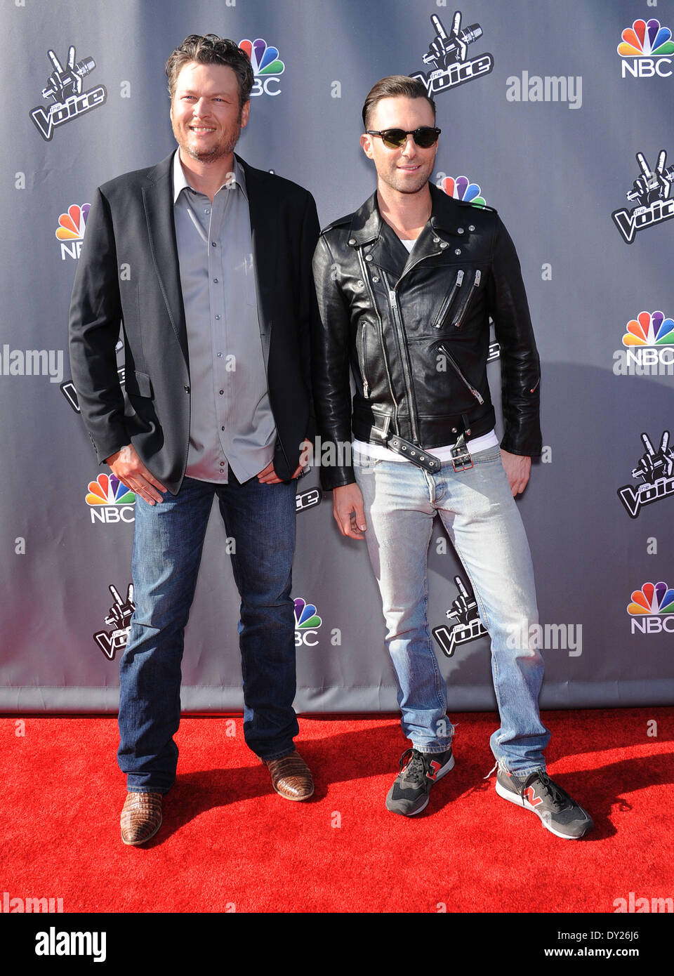 Hollywood, California, USA. 3rd Apr, 2014. Blake Shelton & Adam Levine ...