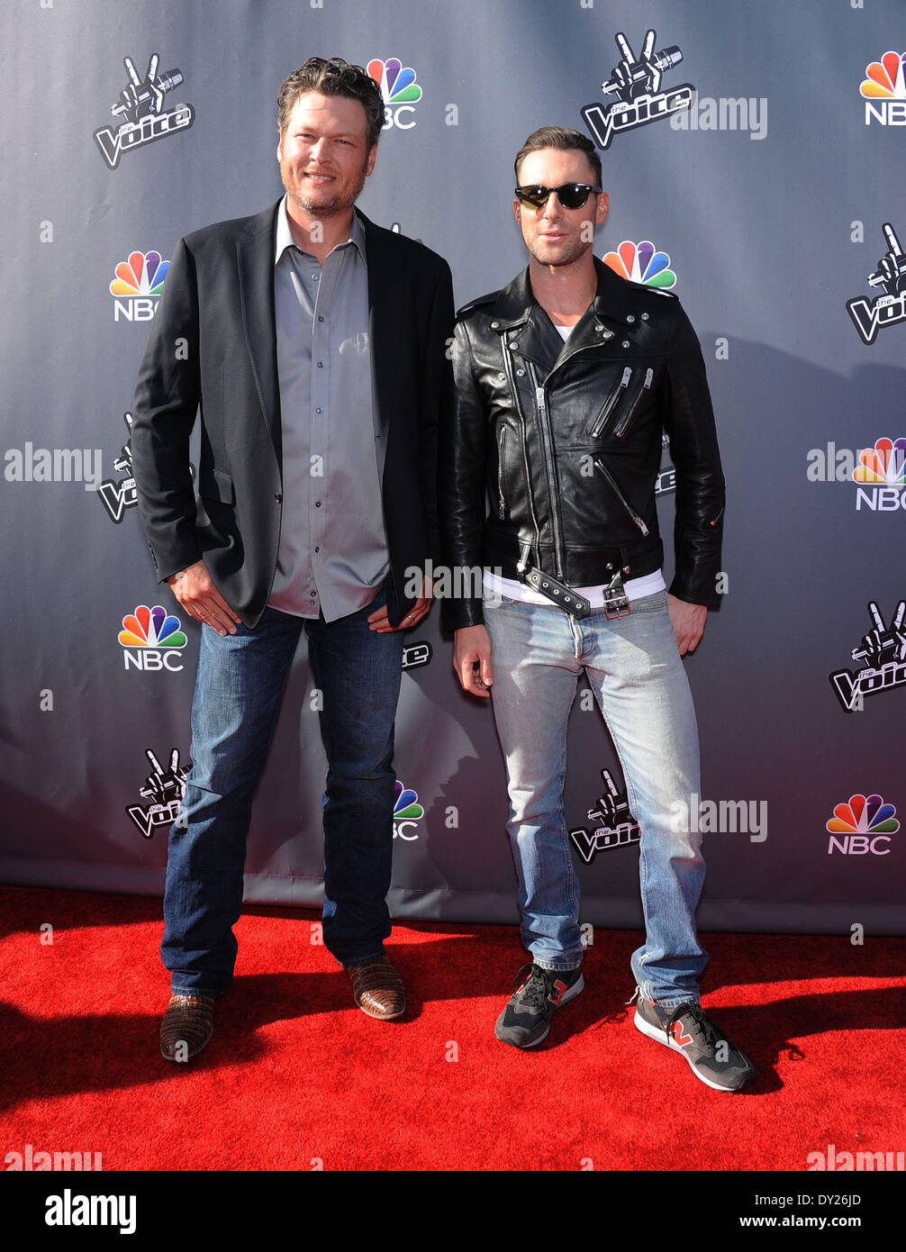 Hollywood, California, USA. 3rd Apr, 2014. Blake Shelton & Adam Levine ...