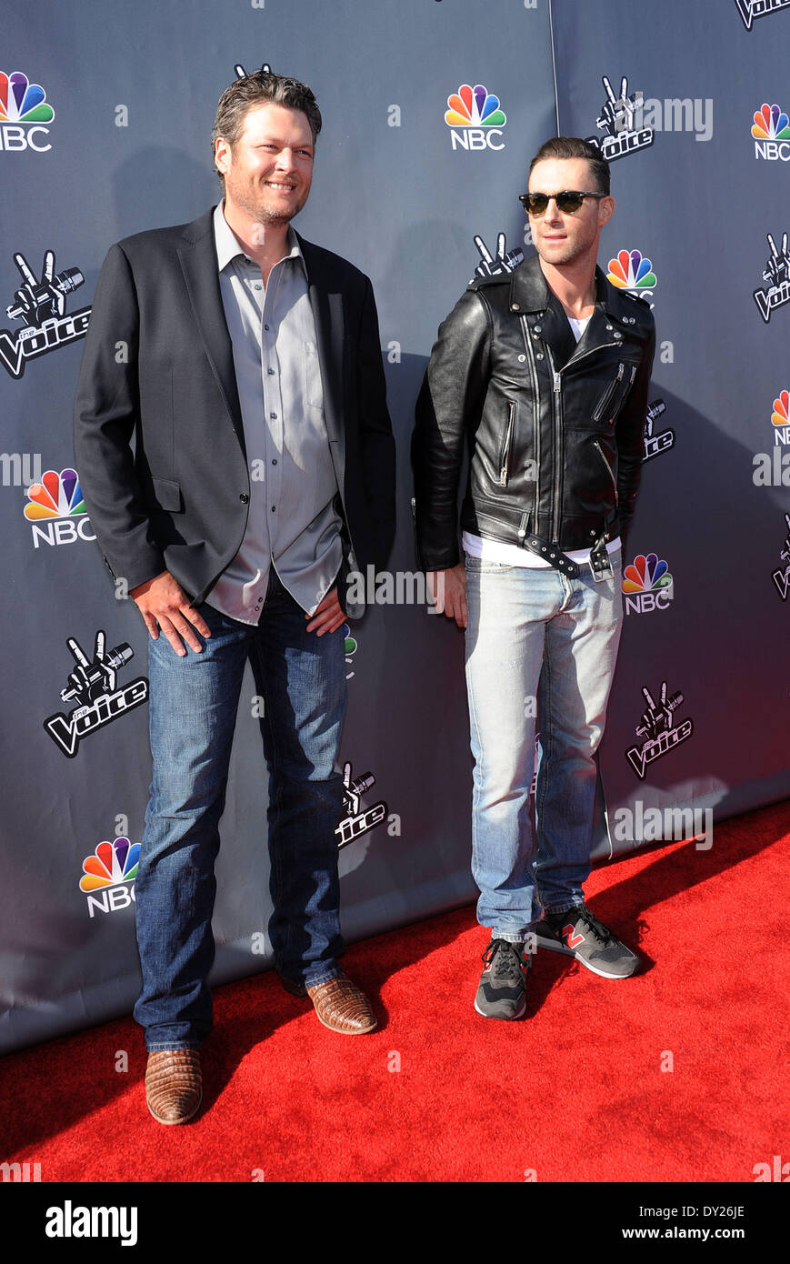Hollywood, California, USA. 3rd Apr, 2014. Blake Shelton & Adam Levine ...
