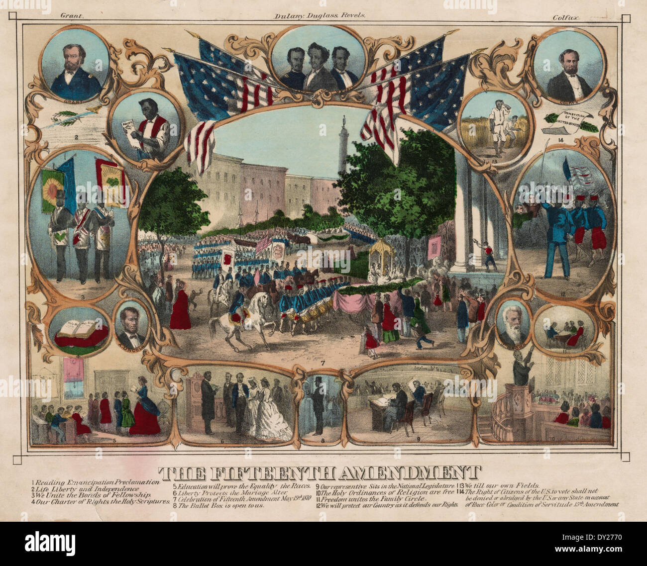 The Fifteenth amendment  to the USA Constitution, which prohibited slavery, circa 1870 Stock Photo