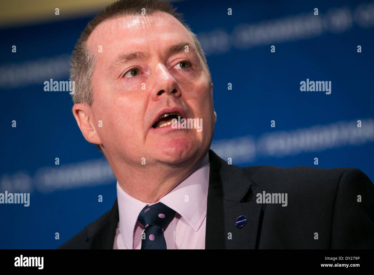 Washington DC, USA . 03rd Apr, 2014. Willie Walsh, Chief Executive Officer, International Consolidated Airlines Group, S.A., speaks at the U.S. Chamber Of Commerce Foundation 13th Annual Aviation Summit  in Washington, D.C., on April 3, 2014. Credit:  Kristoffer Tripplaar/Alamy Live News Stock Photo