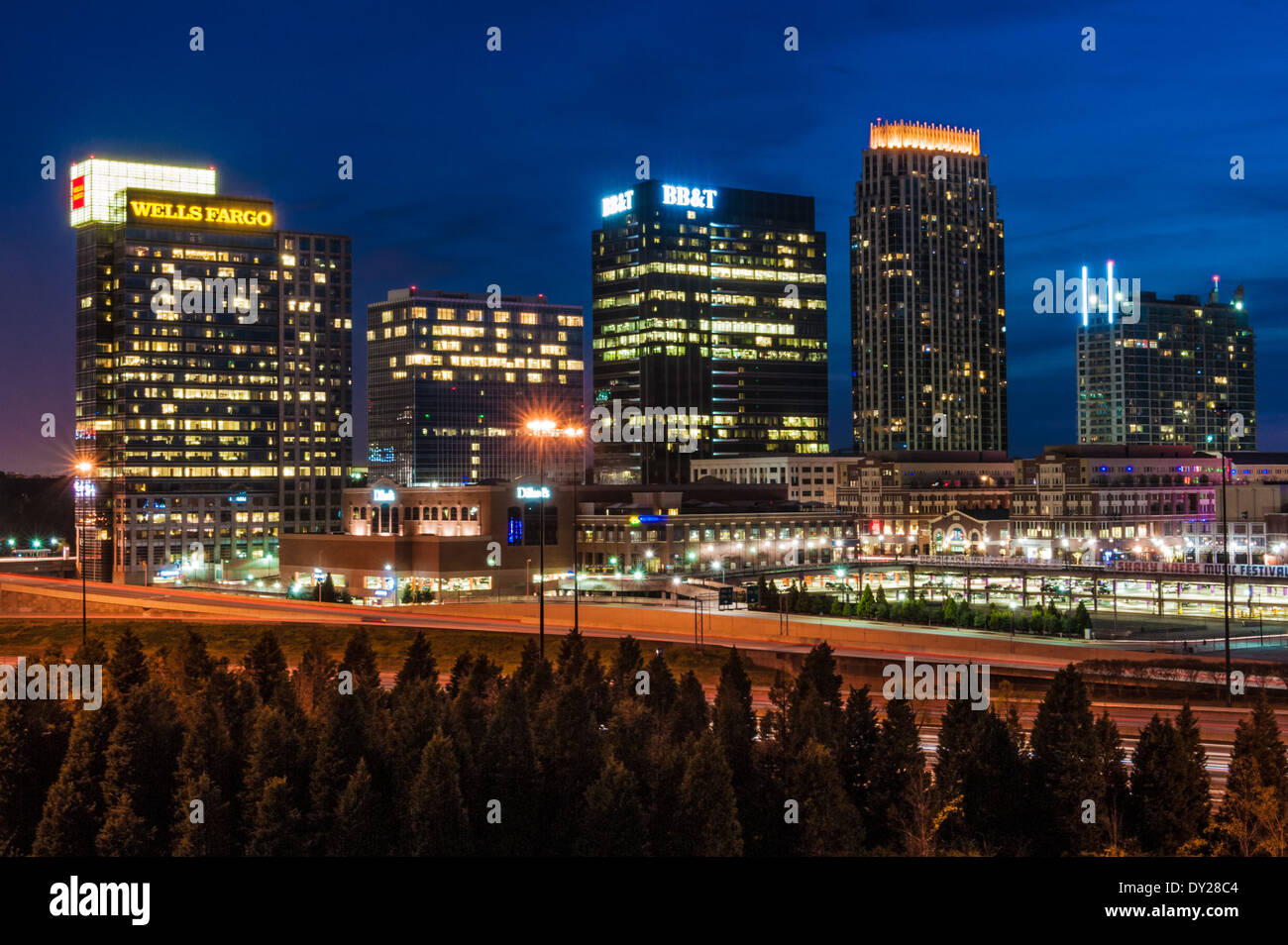 Illuminated buildings of Atlantic Station in Midtown Atlanta, Georgia, USA. Stock Photo