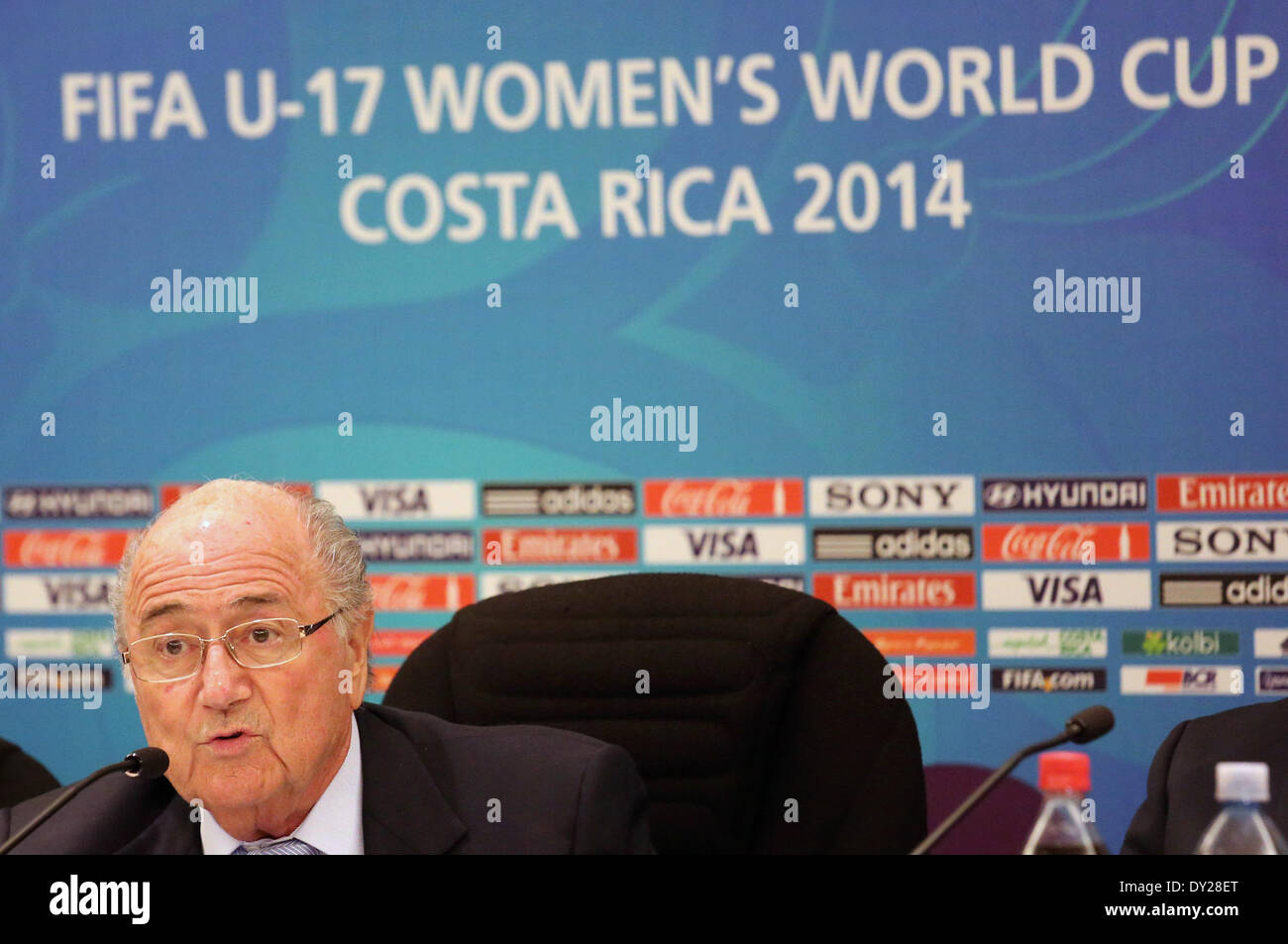 San Jose, Costa Rica. 3rd Apr, 2014. FIFA President Joseph Blatter delivers a speech during a press conference of the FIFA U-17 Women's World Cup Costa Rica 2014 in San Jose, Costa Rica, on April 3, 2014. Joseph Blatter was in Costa Rica to participate in the closure activities of the FIFA U-17 Women's World Cup Costa Rica 2014. © Kent Gilbert/Xinhua/Alamy Live News Stock Photo