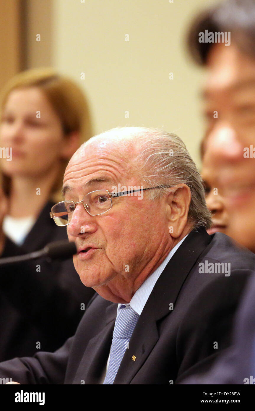 San Jose, Costa Rica. 3rd Apr, 2014. FIFA President Joseph Blatter delivers a speech during a press conference of the FIFA U-17 Women's World Cup Costa Rica 2014 in San Jose, Costa Rica, on April 3, 2014. Joseph Blatter was in Costa Rica to participate in the closure activities of the FIFA U-17 Women's World Cup Costa Rica 2014. © Kent Gilbert/Xinhua/Alamy Live News Stock Photo