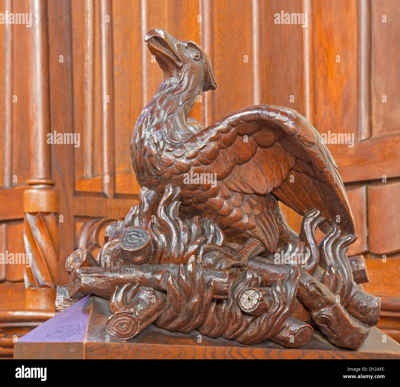 BRATISLAVA, SLOVAKIA - FEBRUARY 11, 2014: Bird Phenix symbolic carved sculpture from the choir in st. Matins cathedral Stock Photo