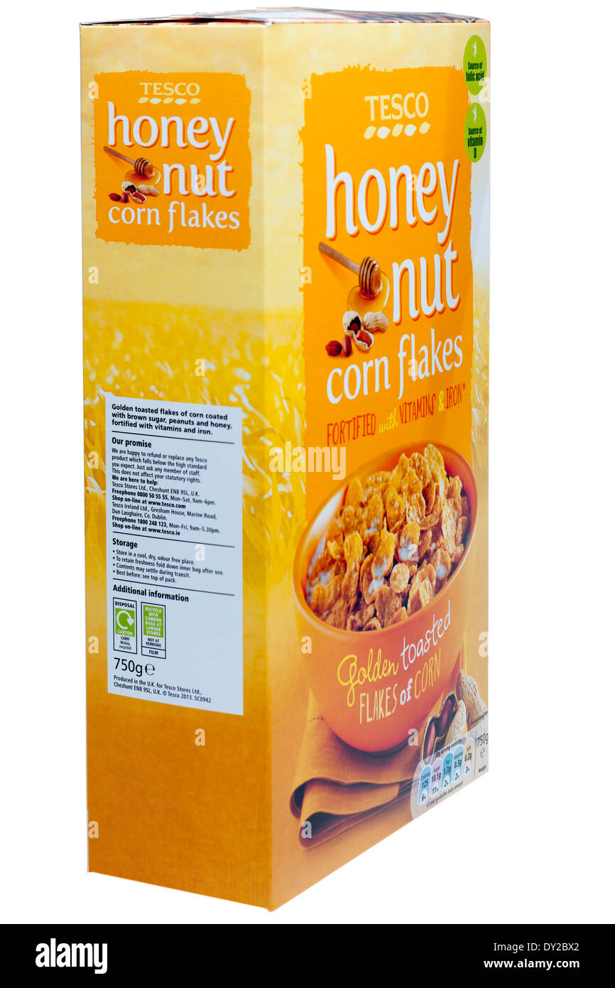 Box of Tesco Honey nut fortified Cornflakes with our promise and storage  recommendation Stock Photo - Alamy