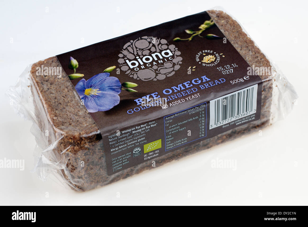 Pack of Biona Rye Omega golden linseed bread with Wolemeal Rye Stock Photo