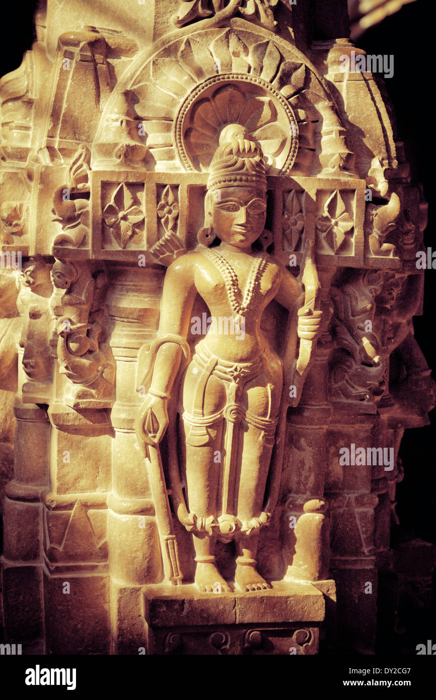 India, Rajasthan, Jaisalmer, Jaisalmer Fort, Jain Temple, Stone Carving detail Stock Photo